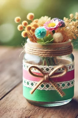 DALL·E 2024-11-20 15.56.25 - A simple DIY project showing a small glass jar painted with bright colors, decorated with decorative tape or twine at the top, and filled with artific
